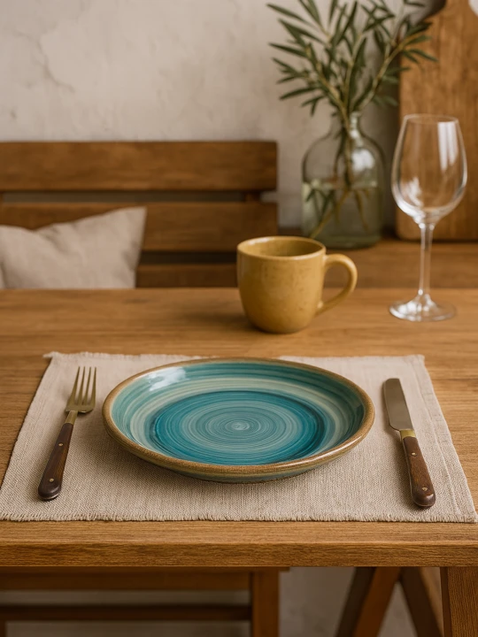Turkusowy ceramiczny talerz z zakręconym wzorem leży na lnianej podkładce w otoczeniu widelca i noża z drewnianymi rączkami. Rustykalna aranżacja stołu obejmuje żółty kubek, kieliszek oraz szklany wazon w tle.